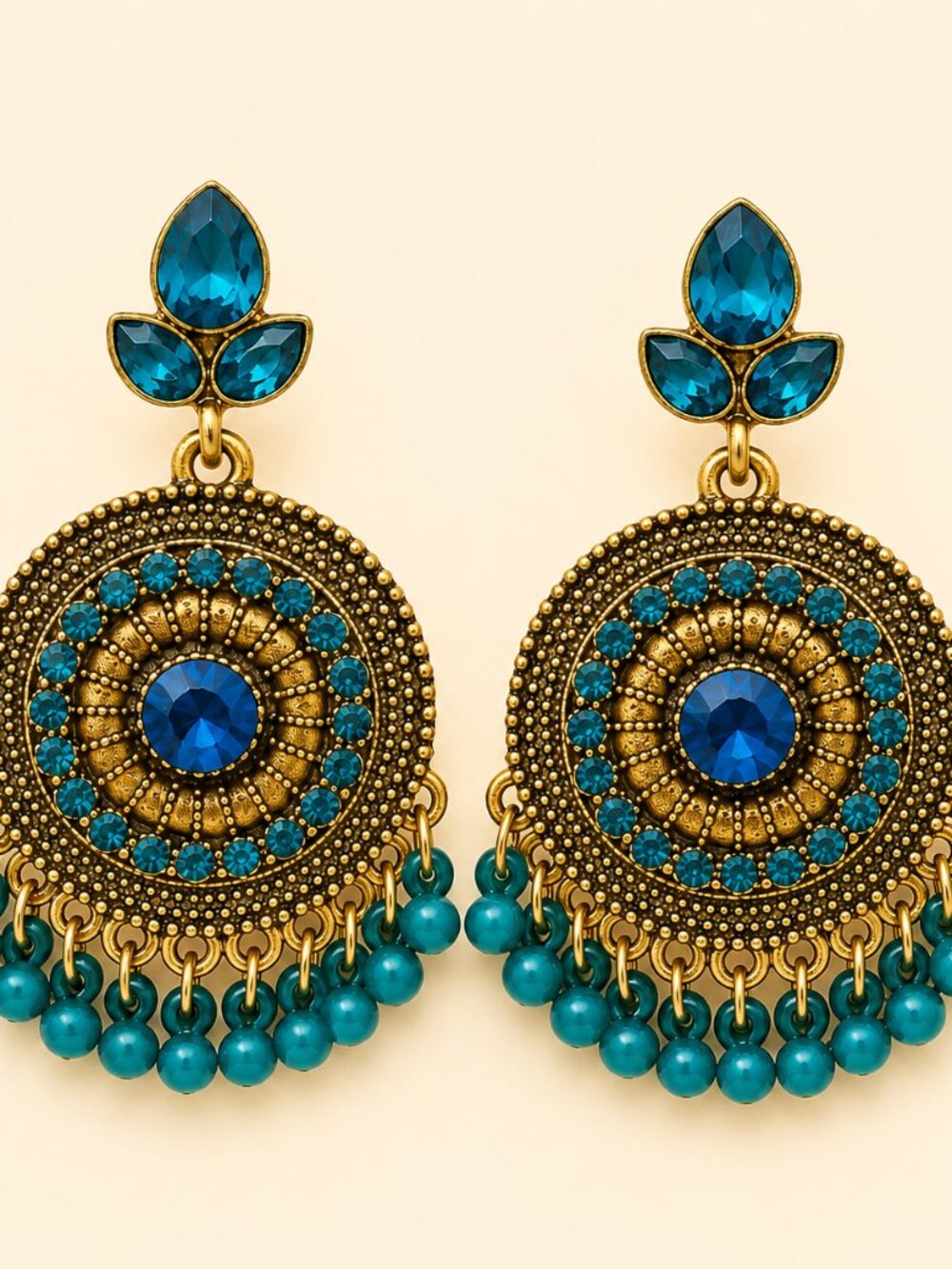 Vintage Style Tieardrop Tassel Earrings Blue Mosaic Statement Boho Glam Earrings